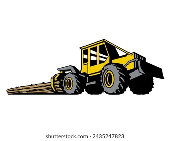 Retro style illustration of a cable skidder, grapple skidder or logging arch pulling a tree behind it viewed from a low angle on isolated background.