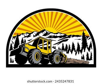 Retro style illustration of a cable skidder pulling a tree behind it with mountains, trees and forest and sunburst in the background set inside half circle on isolated background.
