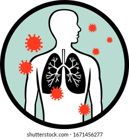 Retro style illustration of coronavirus cell infecting the human lungs or respiratory system set inside circle shape on isolated white background.