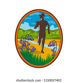 Retro style illustration of a country marathon runner running with common bluebells in foreground and river stream and green hill in background set inside oval.