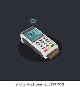 Retro style illustration of a credit card point of sale POS terminal, an electronic device used to process sales and payments at retail locations on isolated background.