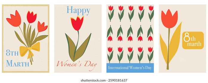 A retro style illustration featuring minimalist floral designs, bold typography, and vintage textures, perfect for International Womens Day greeting cards with a nostalgic, charming aesthetic. Vector