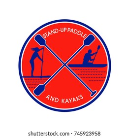 Retro style illustration of female on stand-up paddle or sup and male on kayak paddling with crossed paddle in center set inside circle on isolated background.