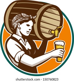 Retro style illustration of a female woman bartender pouring keg barrel of beer into pint glass set inside circle on isolated white background.