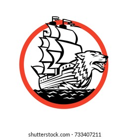 Retro style illustration of a Galleon sailing Ship with Wolf on Bow set inside circle on isolated background.