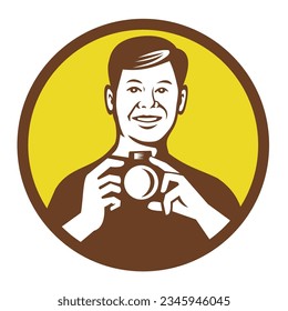 Retro style illustration of a gay Asian photographer holding a digital camera viewed from front set inside circle on isolated background done in black and white.