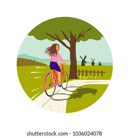 Retro style illustration of a girl riding a vintage cruiser bicycle looking back up towards tree with windmills set inside circle.