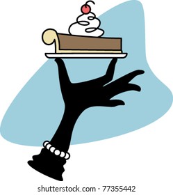 Retro Style Illustration of a Gloved Hand Serving a Slice of Chocolate Pie