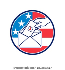 Retro style illustration of a hand of an American voter putting ballot or vote inside postal ballot envelope with USA stars and stripes flag inside circle on isolated background.