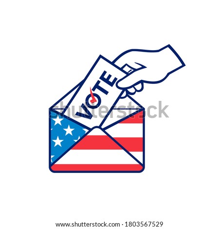 Retro style illustration of a hand of an American voter posting ballot or vote inside postal ballot envelope with USA stars and stripes flag on isolated background.