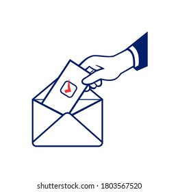 Retro style illustration of a hand of a voter putting ballot or vote inside postal ballot envelope in on isolated background.