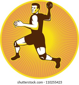 Retro style illustration of a handball player jumping throwing ball set inside circle done in retro style.