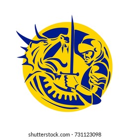 Retro style illustration of a Knight or Saint George with sword Fighting Dragon set inside Circle on isolated background.