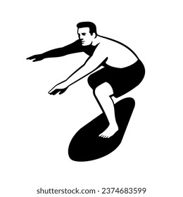 Retro style illustration of a male surfer on surf board surfing front view on isolated background done in black and white.