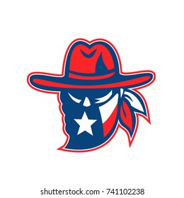 Retro style illustration of a mascot showing a Texan outlaw or bandit wearing bandana with Texas Lone Star flag on isolated background.