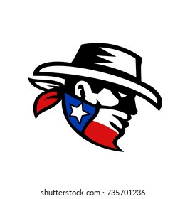 Retro style illustration of a masked Texas Bandit Cowboy head wearing a bandana mask with texas Lone Star State flag on isolate background.