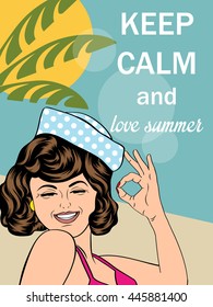 Retro style illustration with message "Keep calm and love summer", vector format