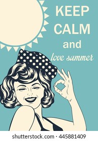 Retro style illustration with message "Keep calm and love summer", vector format