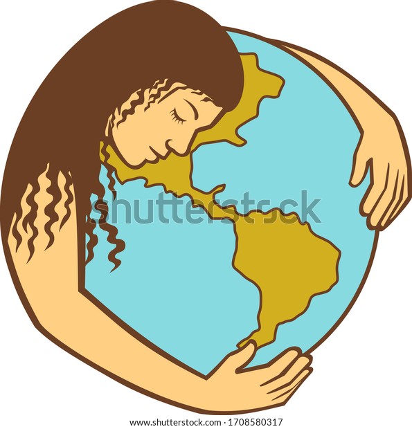 Retro style illustration of\
Mother Earth or Gaia, a goddess who inhabits the planet, offering\
life and nourishment, hugging the world or globe on isolated\
background.