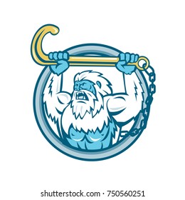 Retro style illustration of a muscular yeti or Abominable Snowman, an ape-like entity lifting or holding up a j hook or tow hook set inside circle on isolated background.