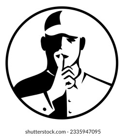 Retro style illustration of a noise control officer with finger on mouth a universal gesture meaning hush, quiet or silence on isolated background done in black and white.