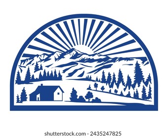 Retro style illustration of a remote alpine village or hamlet with valleys and mountain range and sunburst in background set inside half circle on isolated background.