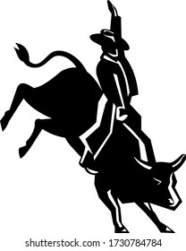 Retro Style Illustration Of Rodeo Cowboy Bull Rider Riding A Red Bull On Isolated Background.