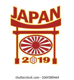 Retro style illustration of a rugby ball with Japanese flag rising sun inside framed by Pagoda with words Japan 2019 and sakura or cherry blossom flower in number zero on isolated background.