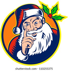 Retro style illustration of santa claus saint nicholas father christmas pointing finger on isolated white background woodcut style.