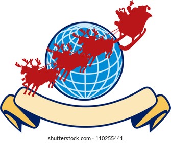 Retro style illustration of santa claus saint nicholas father christmas on sleigh with reindeer and world globe and scroll on isolated white background.