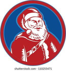Retro style illustration of santa claus saint nicholas father christmas woodcut style set inside circle on isolated white background.
