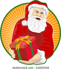 Retro style illustration of santa claus saint nicholas father christmas handing gift present on isolated white background.