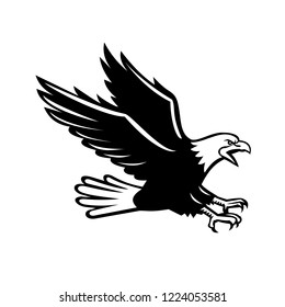 Retro style illustration of a screaming bald eagle with talons out swooping viewed from side on isolated background in black and white.