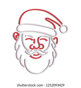 Retro style illustration showing a 1990s neon sign light signage lighting of a head of Santa Claus viewed from front on isolated background.