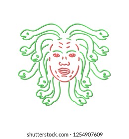 Retro Style Illustration Showing A 1990s Neon Sign Light Signage Lighting Of Head Of Medusa In Greek Mythology, Gorgon Monster, Living Venomous Snakes Instead Of Hair On Isolated Background.