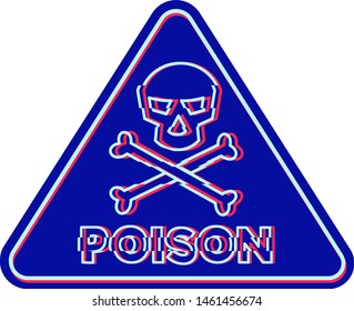 Retro style illustration showing a 1990s neon sign light signage lighting of a poison, hazard or warning symbol sign with skull-and-crossbones flickering on isolated background.