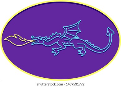 Retro style illustration showing a 1990s neon sign light signage lighting of a medieval dragon breathing fire set in oval on isolated background.