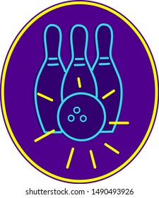 Retro style illustration showing a 1990s neon sign light signage lighting of a bowling ball hitting strike on ten pin set in oval on isolated background.