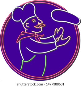 Retro style illustration showing a 1990s neon sign light signage lighting of a baker, cook or pizza chef tossing dough in circle on isolated background.