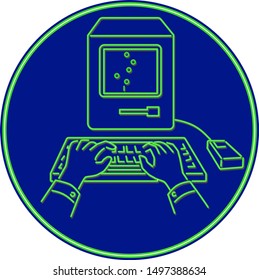 Retro style illustration showing a 1990s neon sign light signage lighting of a hand typing on keyboard of a vintage personal computer set in blue oval shape on isolated background.