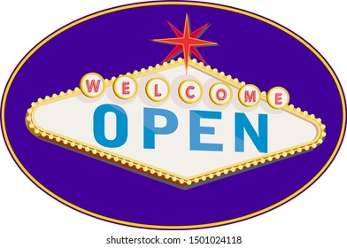 Retro style illustration showing a 1990s neon sign light signage lighting of a Las Vegas style  light signage lighting of welcome open sign on blue oval on isolated background.