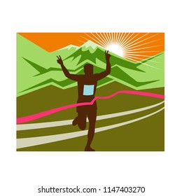 Retro style illustration of a silhouette of marathon race finisher runner flashing victory hand sign with snow capped mountains and sunburst and finish line ribbon tape extra wide horizontal format.