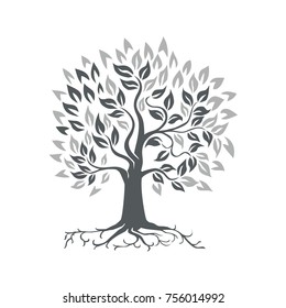 Retro style illustration of a stylized oak tree with roots on isolated background.