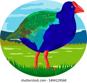 Retro style illustration of a takahe, the South Island takahe or notornis, a flightless bird indigenous to New Zealand in the meadow with mountains viewed from side set inside oval shape.