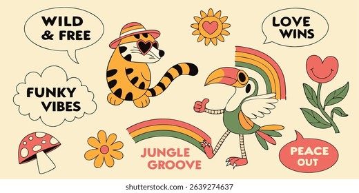 Retro style illustration with a tiger toucan and other elements expressing positivity with vibrant colors and joyful characters