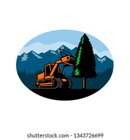 Retro style illustration of a tracked mulching tractor or forestry mulcher tearing down a pine tree with forest and mountains set inside oval on isolated background.