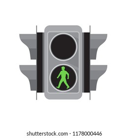 Retro style illustration of a traffic signal light with green man walking for pedestrian crossing on isolated white background.
