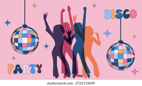 Ilustración de estilo retro con dos bolas disco y siluetas de bailarina