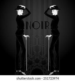 Retro style illustration  of two young beautiful women of 1920s in menswear. Can be used for cards, invitations, wallpapers or  template for design and decoration.