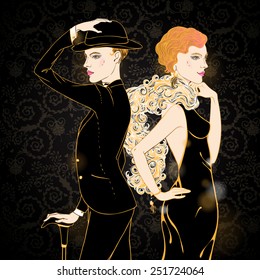 Retro style illustration  of two young beautiful women of 1920s. Can be used for cards, invitations, wallpapers or  template for design and decoration.